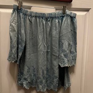 PRE-OWNED D & KADE CHAMBRAY OFF SHOULDER SCALLOPED EYELETT TOP- MEDIUM